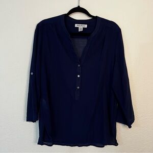 Tommy Bahama Navy Blue Cotton Gauze Popover Blouse Roll Tab Sleeve Womens Medium